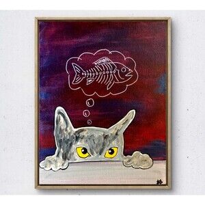 WS original sneaky cat painting 14X11 canvas acrylic neo expressionism wall art